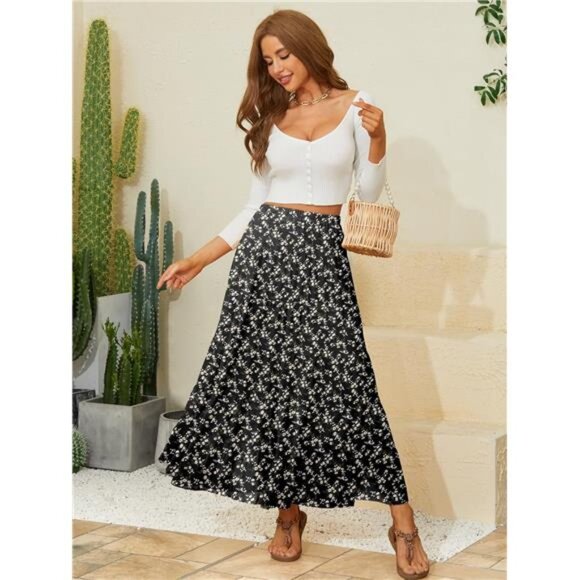Women's Chiffon Elastic High Waist Maxi Skirts Black White Flower - Picture 2 of 5